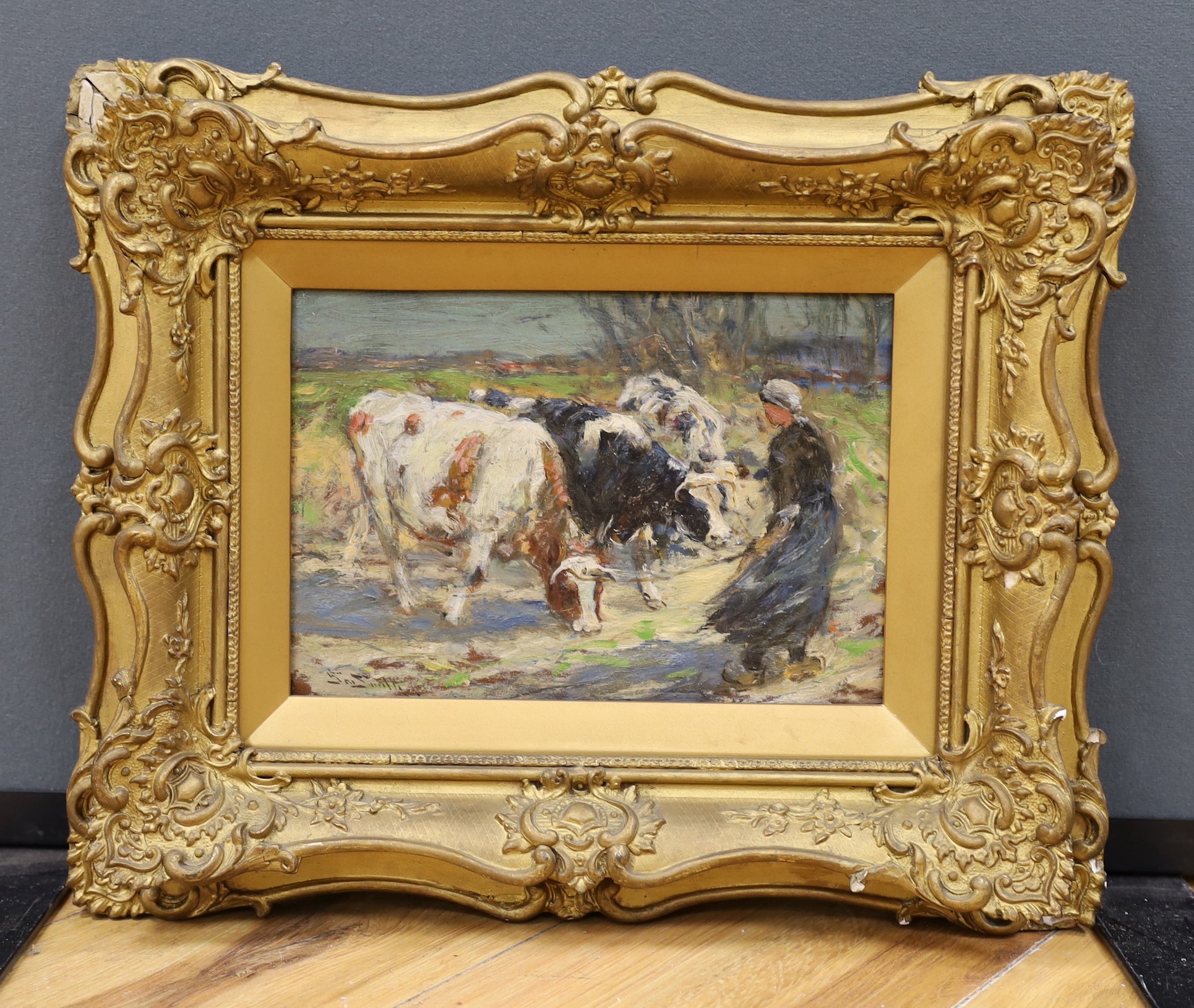 George Smith (1870-1934), oil on wooden panel, Cowherd and cattle, signed, 17 x 24cm